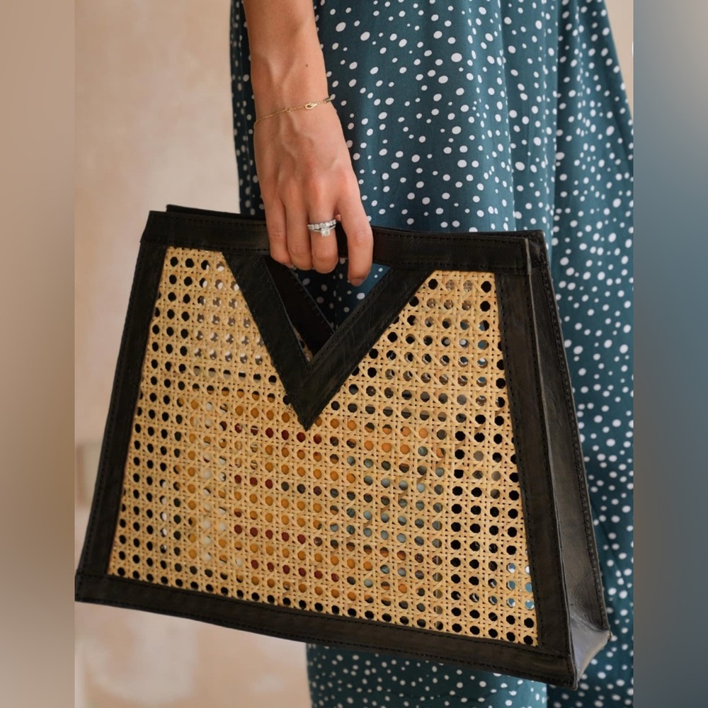 NWT Dharmas Bali Leather and Rattan Cane Webbing Handbag - Black/Tan